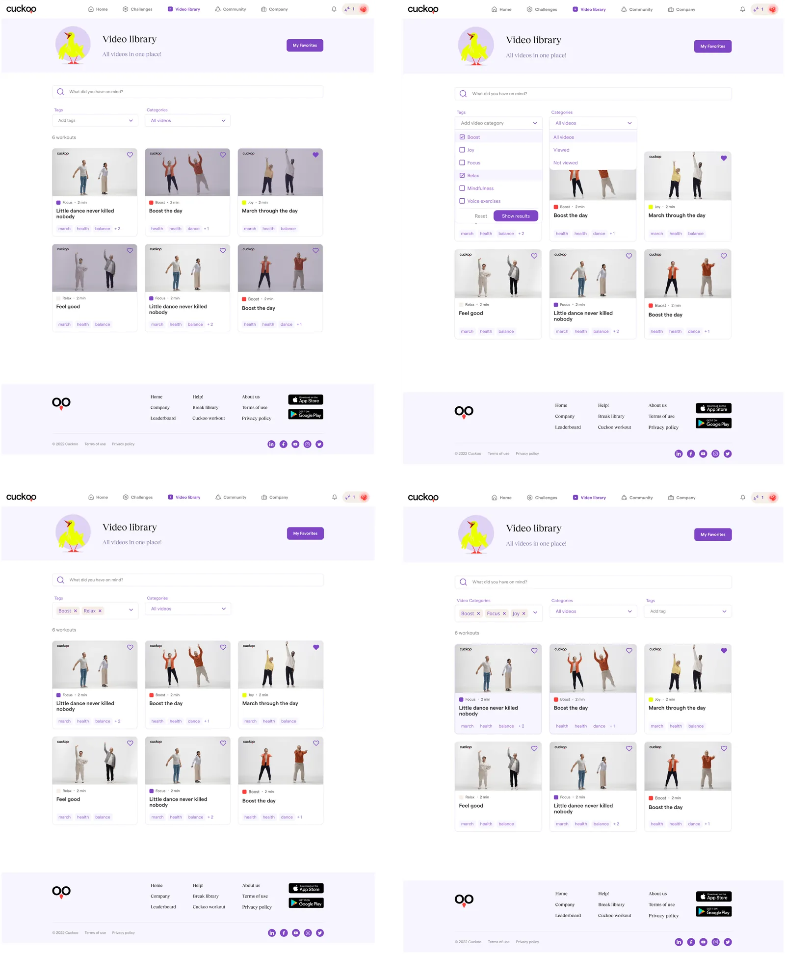 The filter states: closed, open with categories, and selected tags shown as chips.
