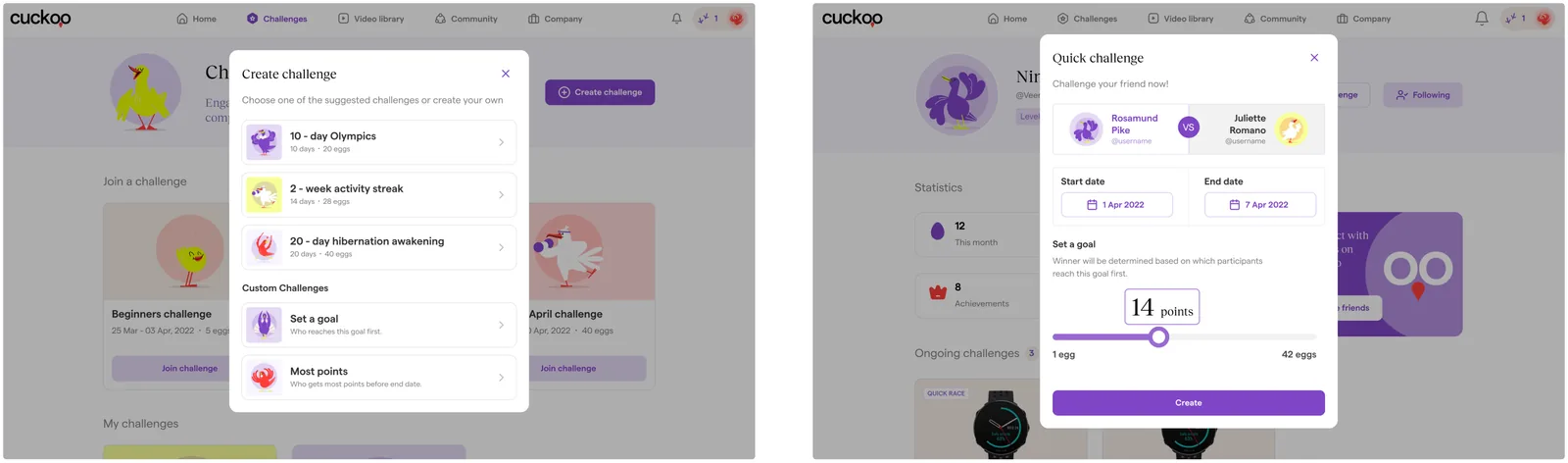 Create challenge with suggested and custom formats, and the one-tap Quick challenge.