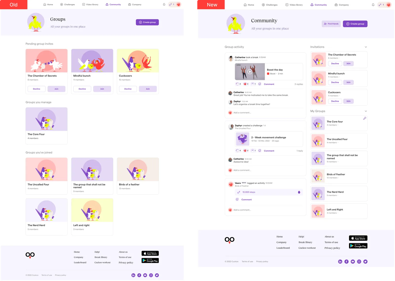 Groups page before; Community page after, with the feed in the middle and groups at the side.