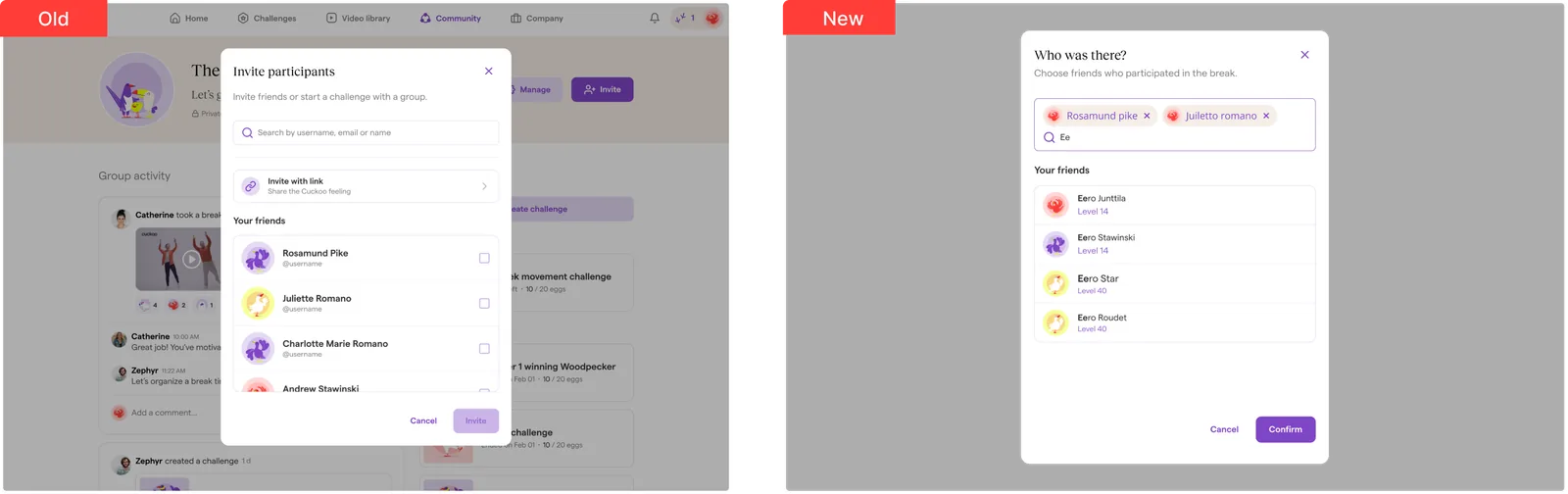 Invite participants before and after: chips, inline search, one-tap removal.
