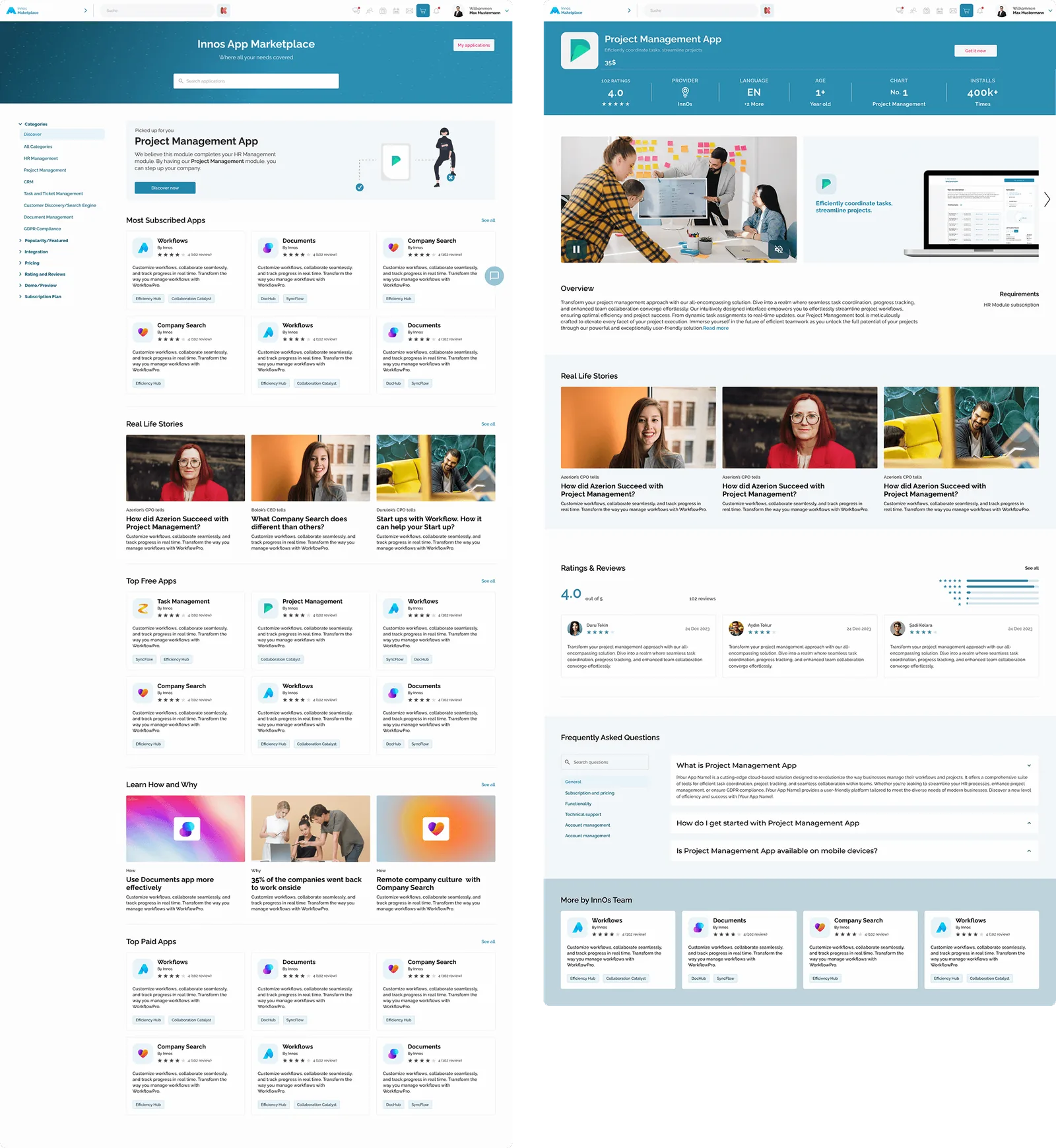 Final UI: the homepage with Picked for You, and the product detail page with stories, ratings and FAQ.
