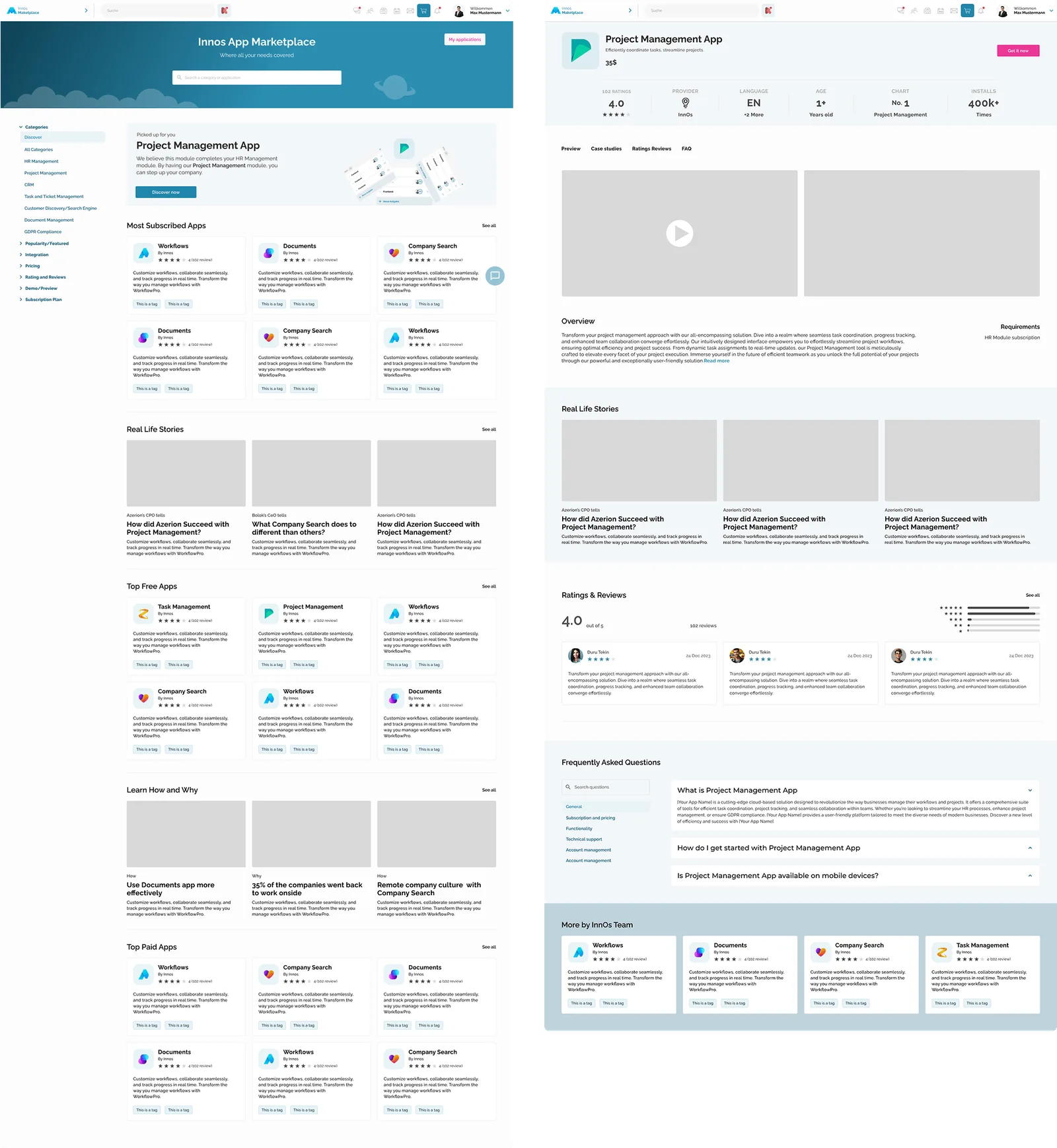 Wireframes: the marketplace homepage and a product detail page.