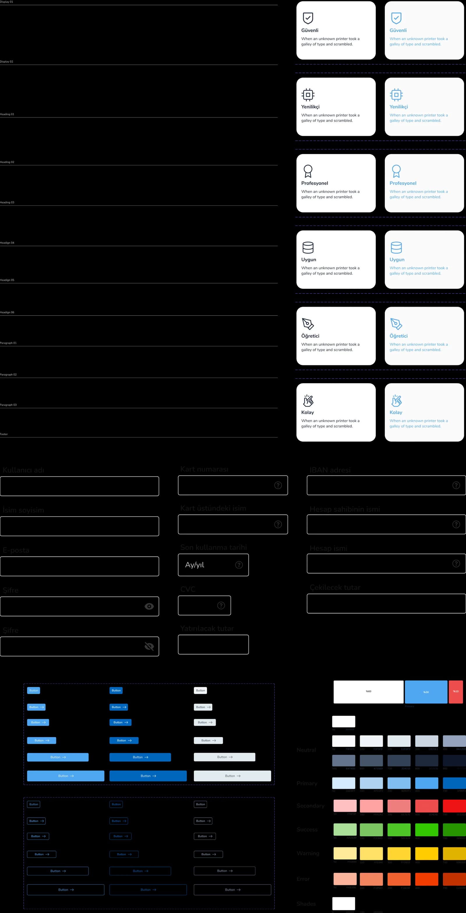 Style guide: type scale, feature cards, form fields including payment and payout, buttons and colour.