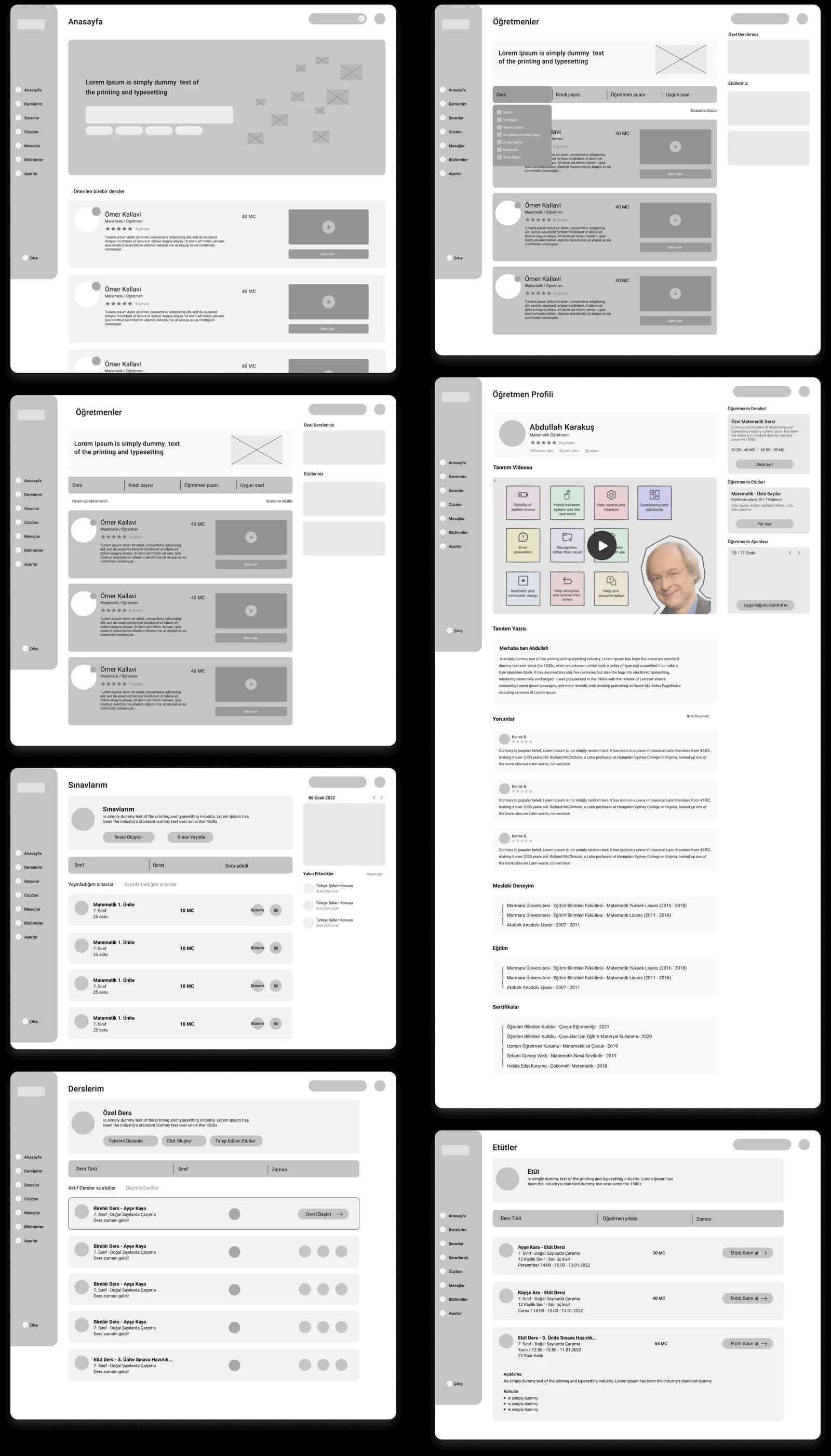 Wireframes: home, tutor list, tutor profile, my exams, my lessons and study sessions.