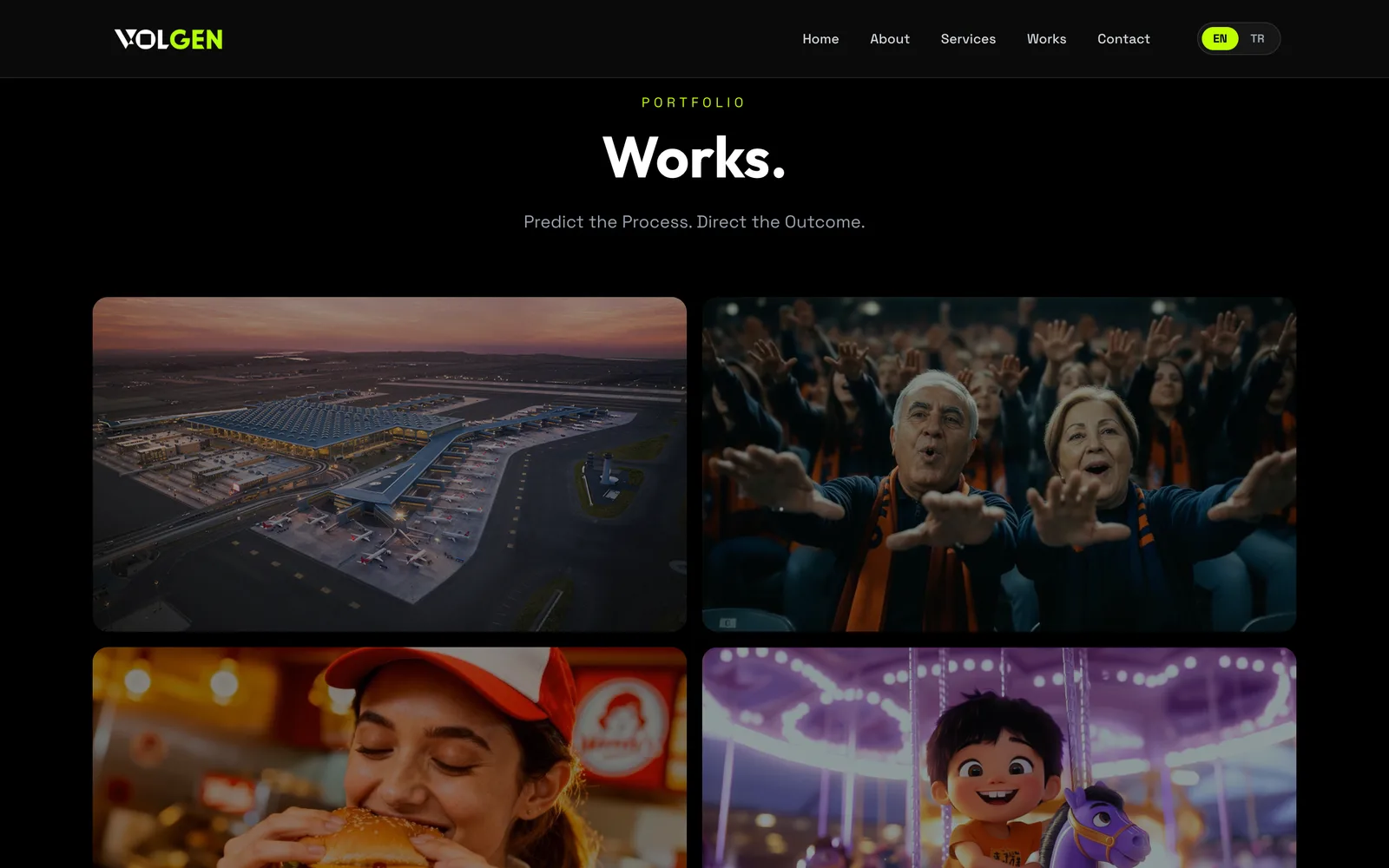 The works grid: eight videos, posters lazy-loaded