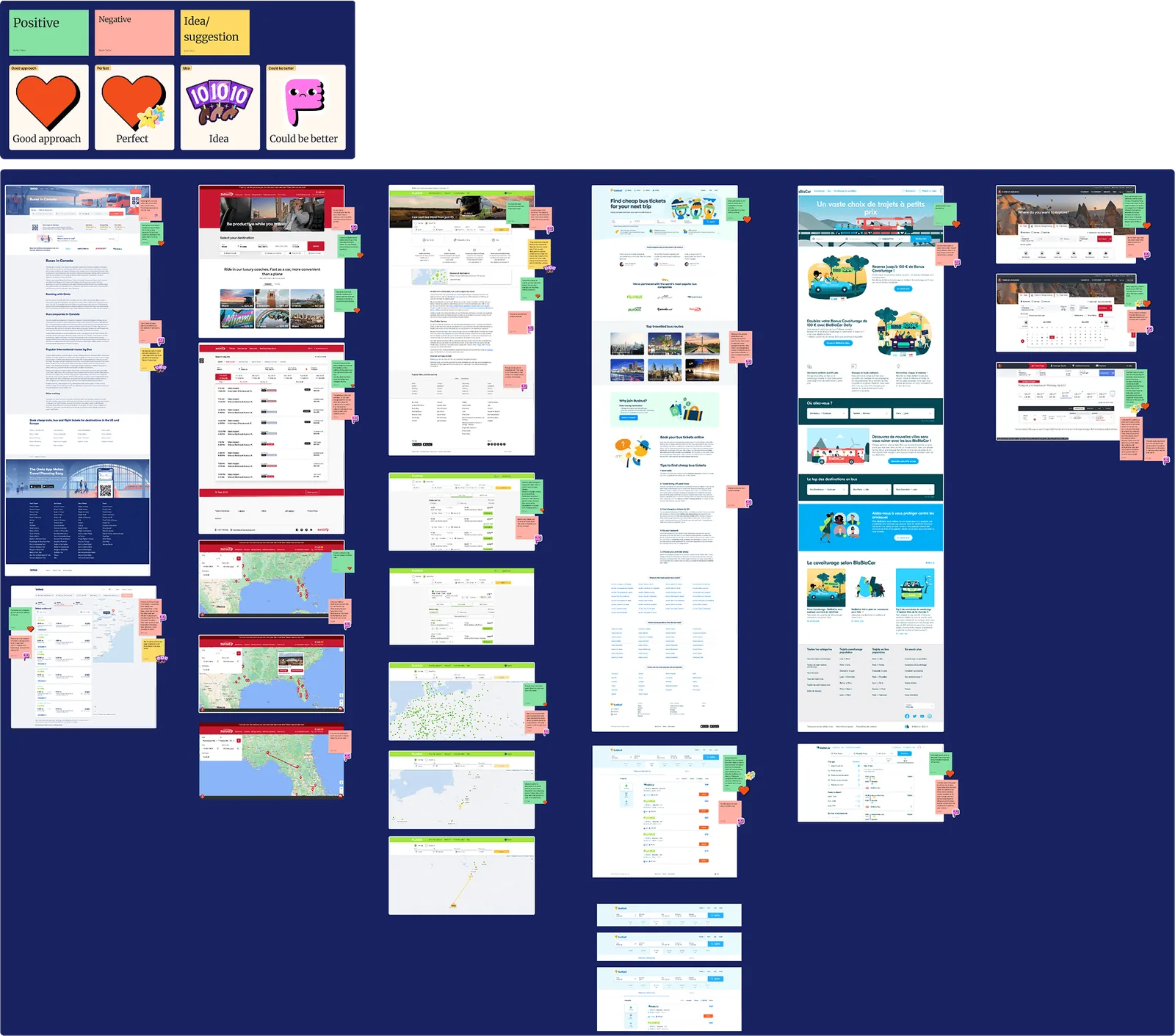 Competitor audit, desktop: coach, ride-share and transfer sites, annotated positive, negative and idea.