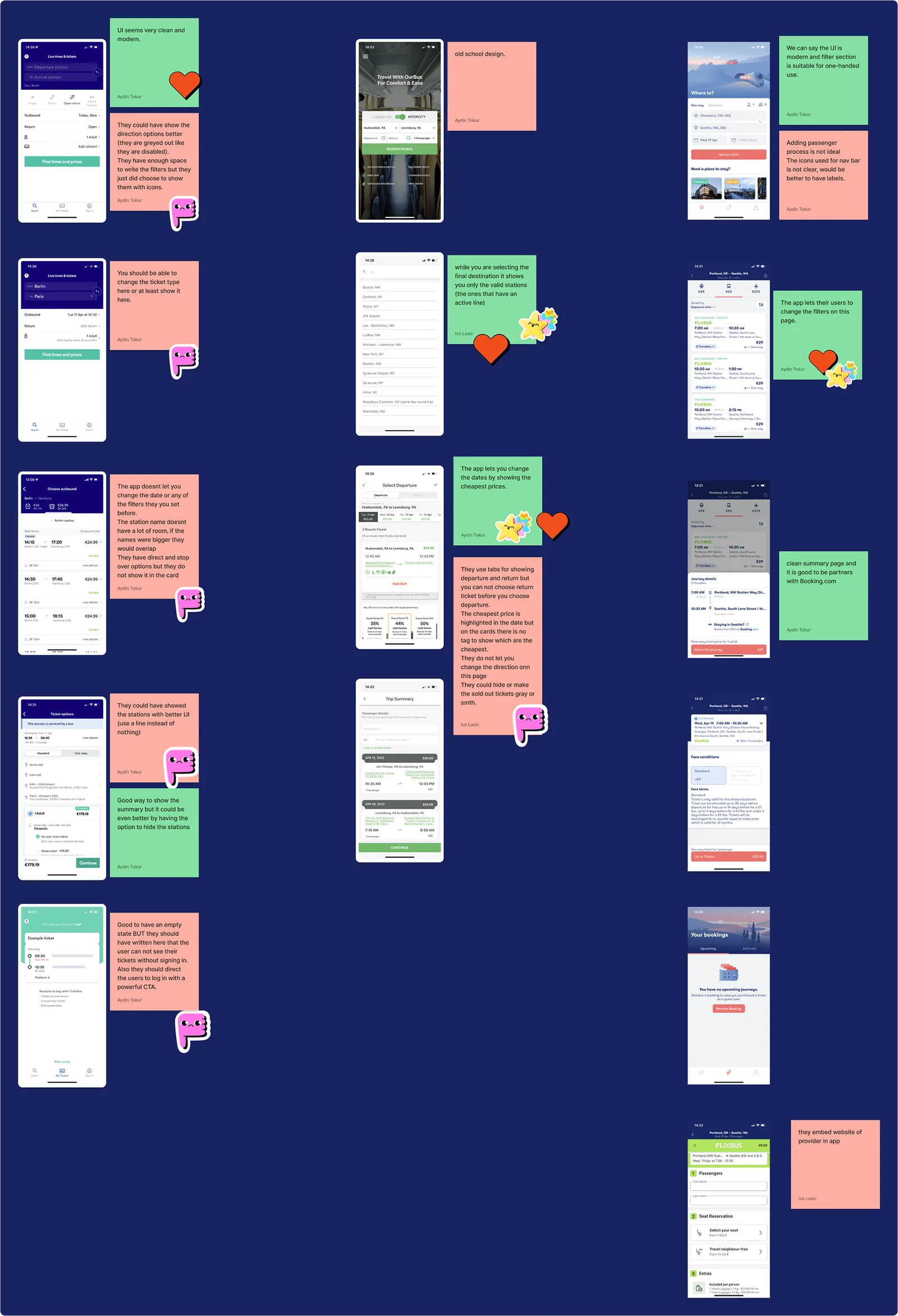 The same audit on mobile apps, with notes from two of us on filters, summaries and empty states.