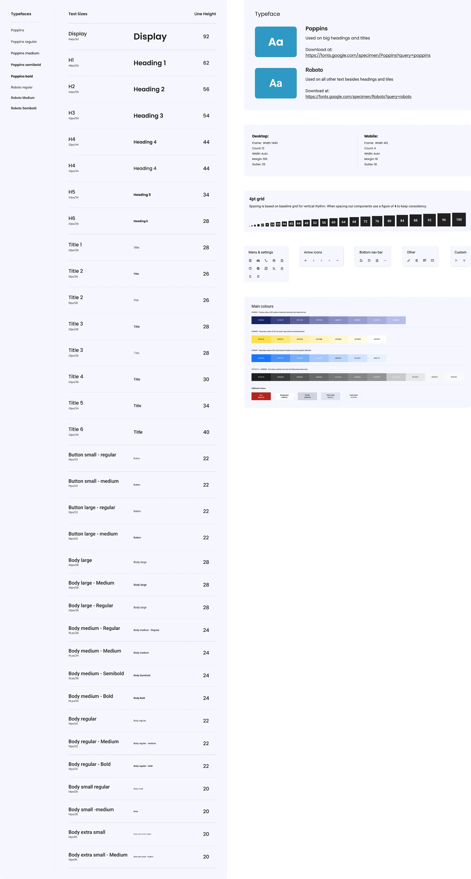 Style guide: Poppins for headings, Roboto for everything else, a 4pt baseline grid, and the colour ramps.