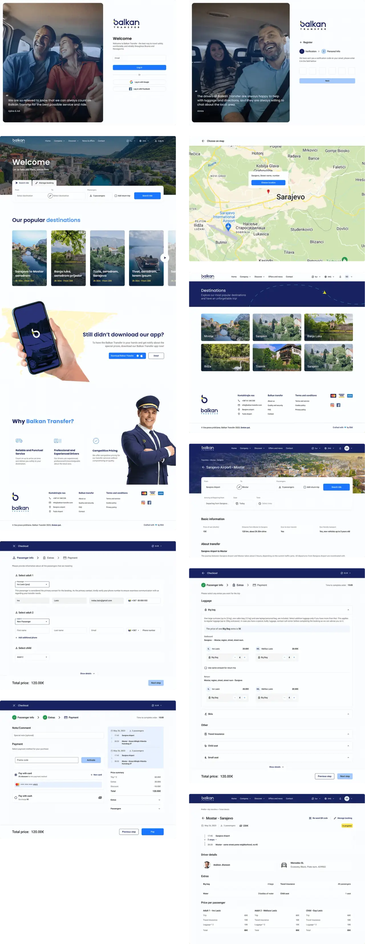 Final UI across sign-in, home, map, destinations, checkout and the ticket.
