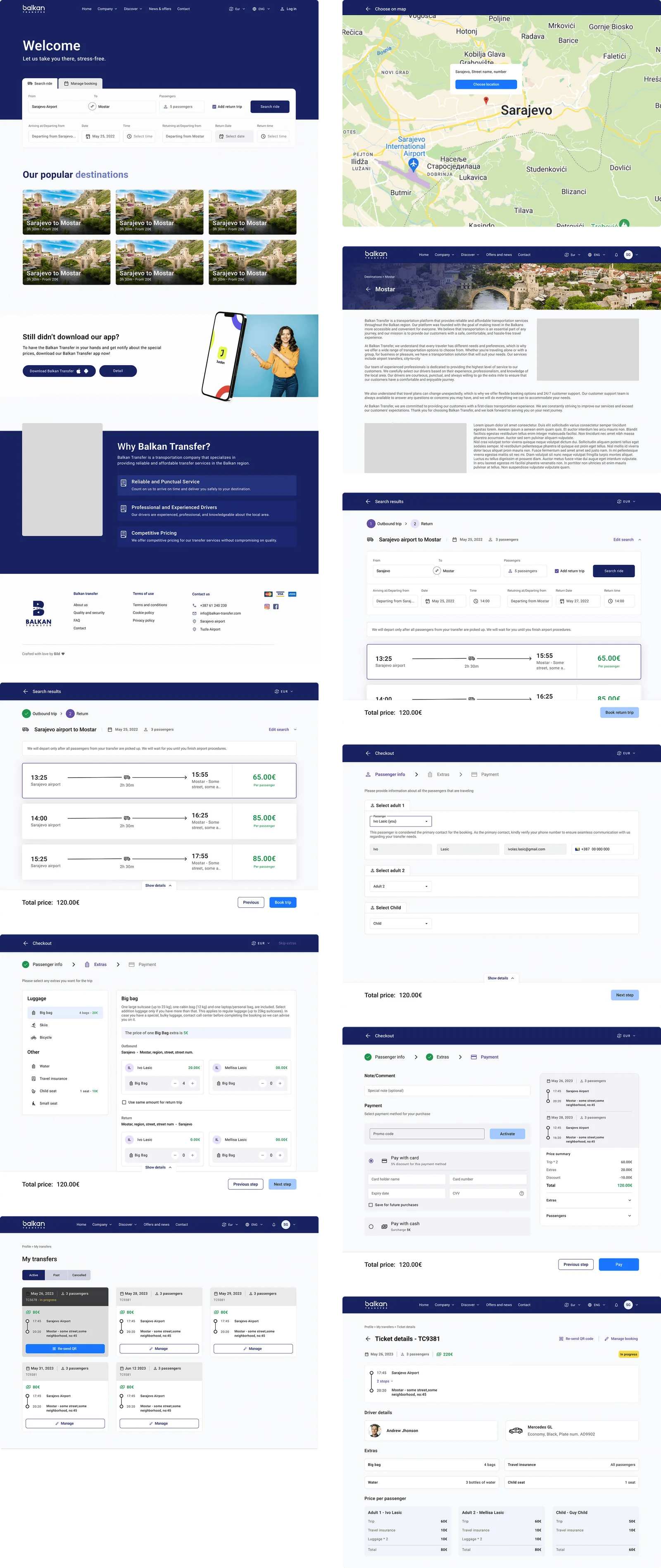 Wireframes: search with a Manage booking tab beside it, results with prices, a three-step checkout, My transfers, and the driver's ticket.