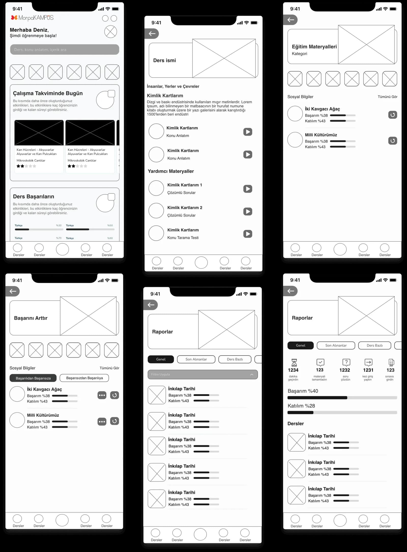 Student app wireframes: home, lesson content, materials, improving a score, and reports.