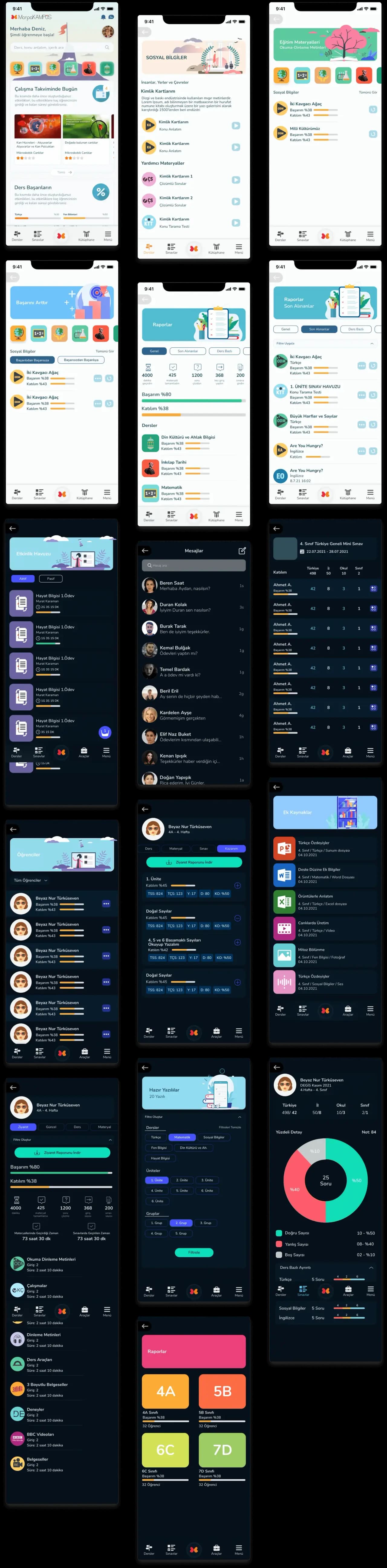 Final UI: the student app in light, the teacher and manager apps in dark, from messages to class reports.